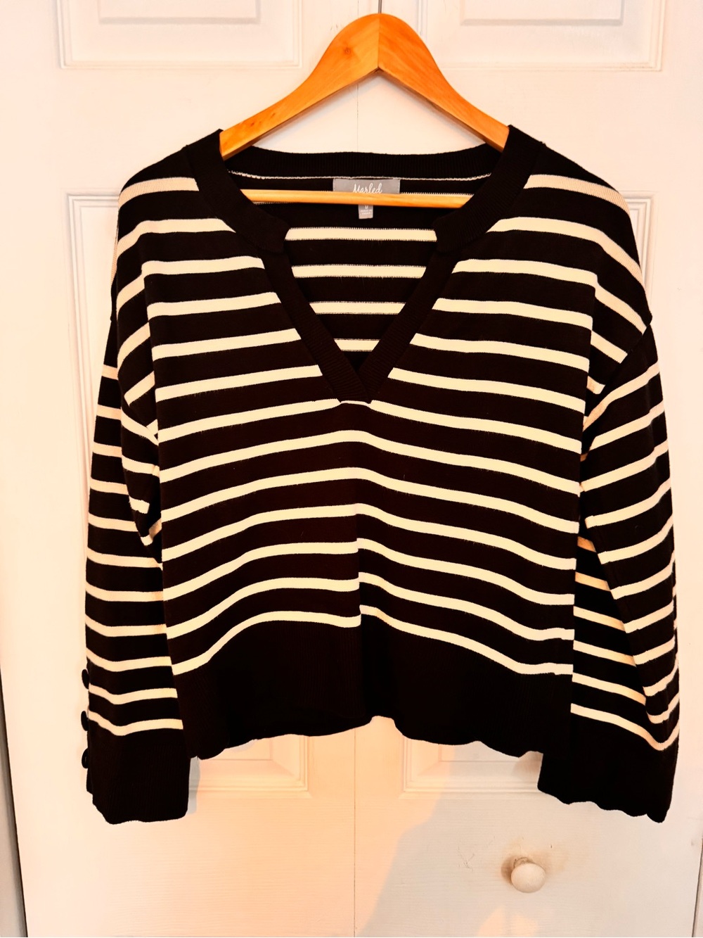Marled Black and White Striped V-Neck Sweater, accent button cuffs